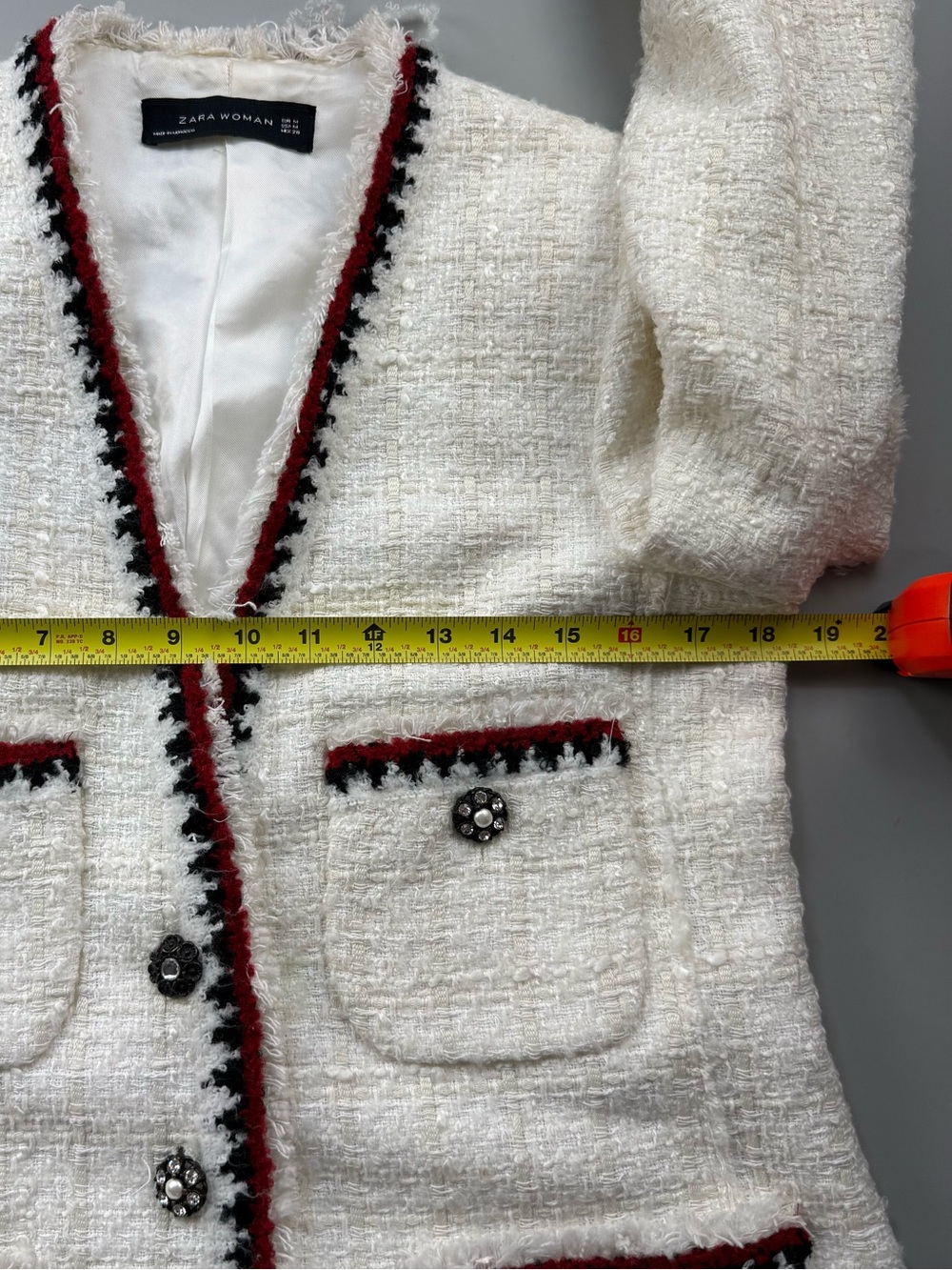 Zara Woman Tweed Bouclé Blazer Women M White Red Black Jeweled Preppy - Picture 7 of 10